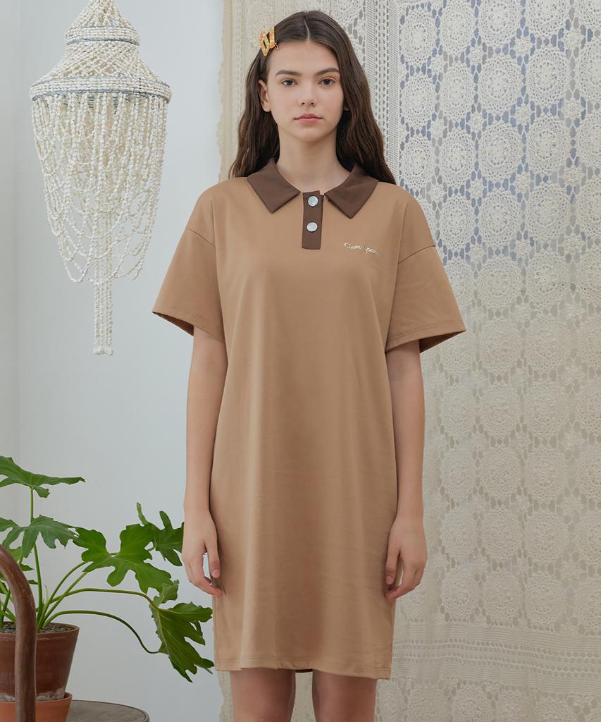 Dear Fear Button Collar T-Shirt Dress Beige