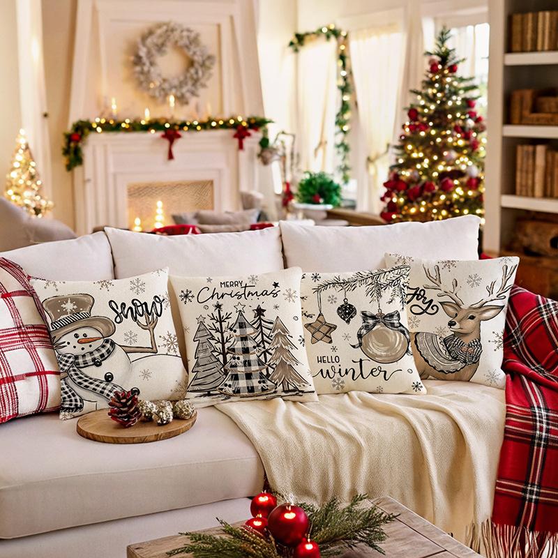 1pc Grey Cushion Cover Snowman Deer Tree Printed Durable Cover 2025 New for Home Ornament Xmas New Year Christmas Decoration