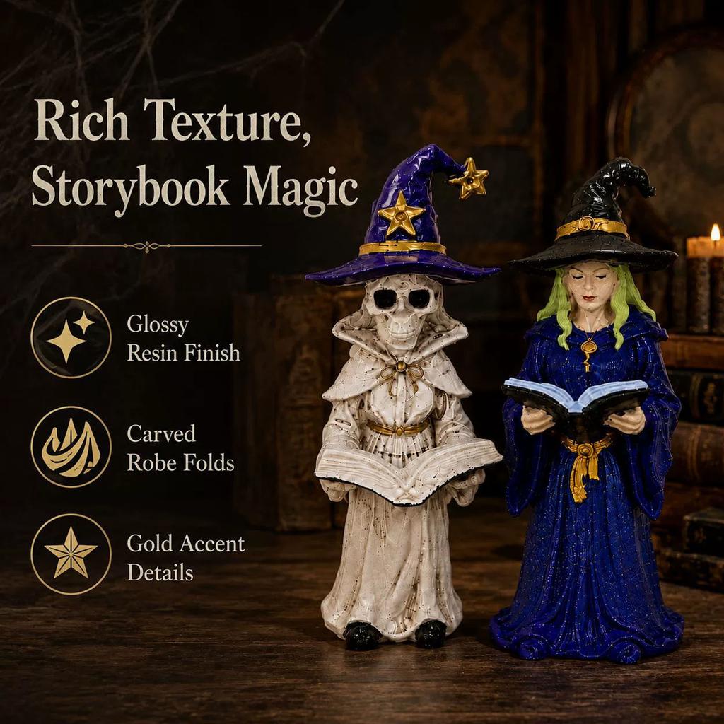 Halloween Skeleton Witch Reading Book Resin Figurine Desktop Statue for Holiday Decoration
