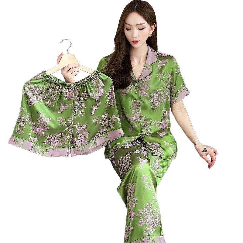 Mori High-End Ice Silk Women'S Ice Silk Pajamas Short-Sleeved Three-Piece Temperament Cardigan Spring And Summer Loungewear