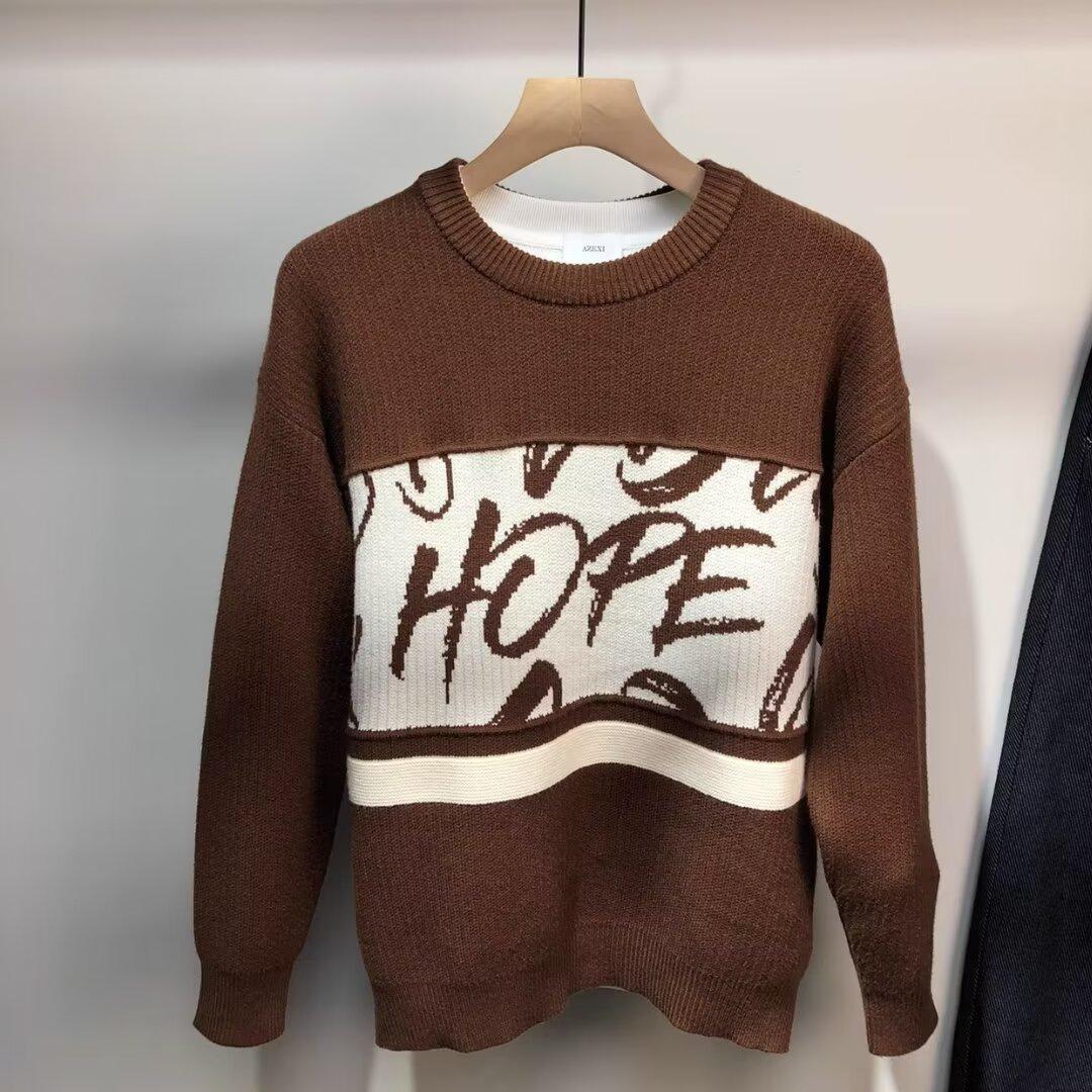 Мужской свитер на осень и зиму с круглым вырезом, модный свитер с буквами, соответствующий цвету, высококачественный трехцветный топ M коричневый