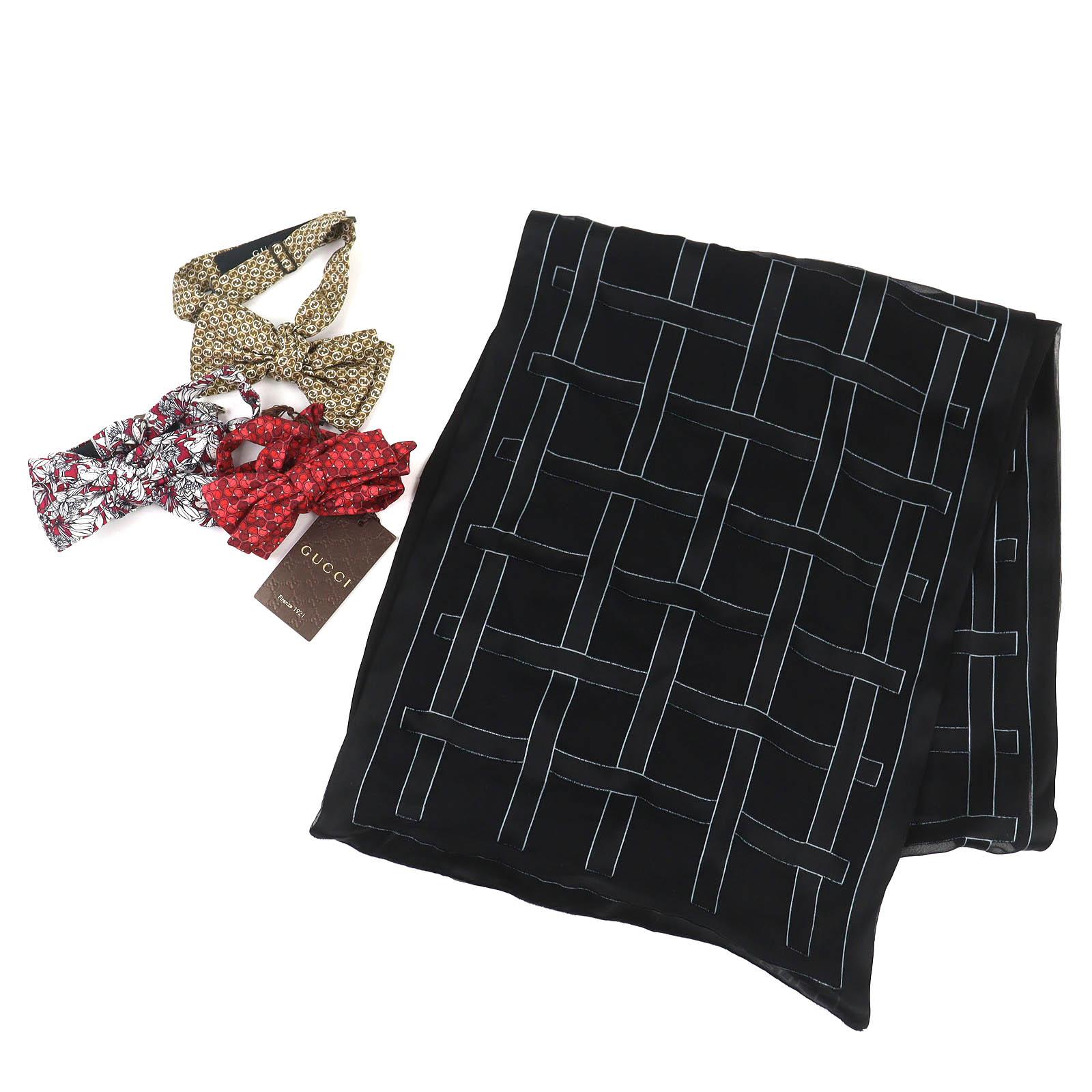 Excellent GUCCI design stole and Butterfly tie, total of 4 pieces silk Used