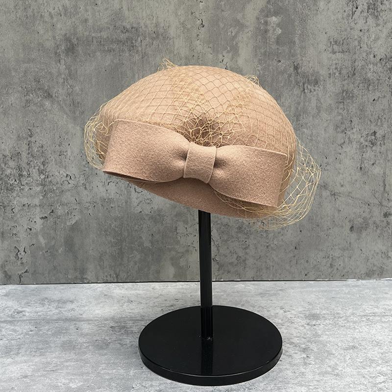 Fashion Design Mesh Bow Beret Hepburn Style British Ladies Celebrity Banquet Autumn And Winter Wool Top Hat