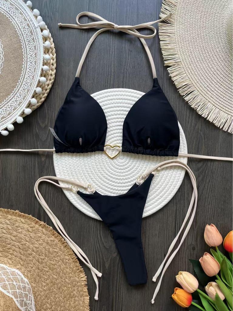 2025 Nylon Heart Bikini Set: Low Waist Tie-Up In Solid Color for Euro-American Fashion