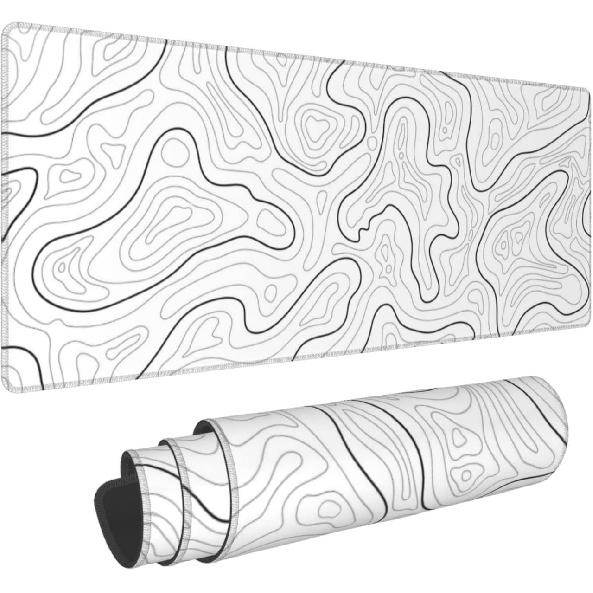 Abstract Topographic Map White Grey Black Gaming Mouse Pad Long Mouse Pad Large Desk Mat 31.5 X 11.8 Inch Mousepad with Non-Slip Base Stitched Edge