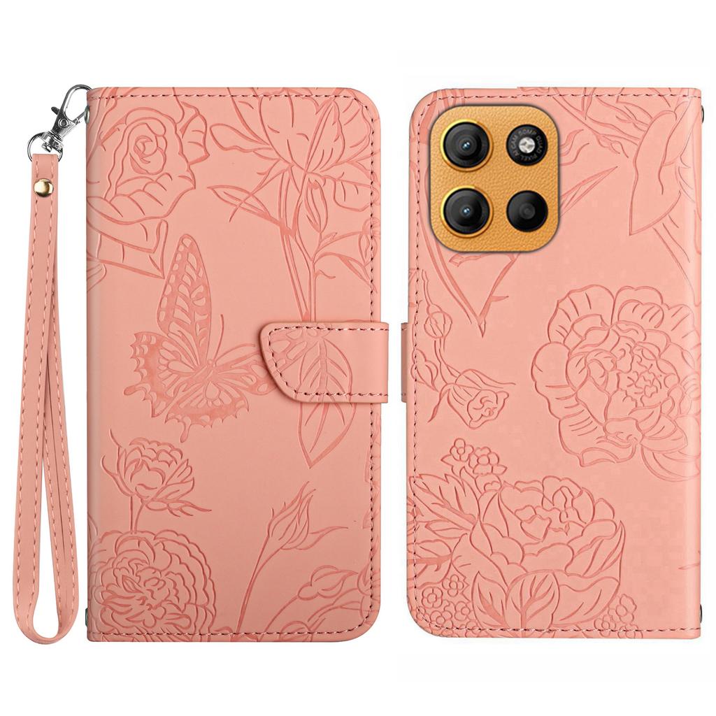 For Motorola Moto G15 4G Case Leather Phone Cover with Strap,Butterfly Flower Imprint