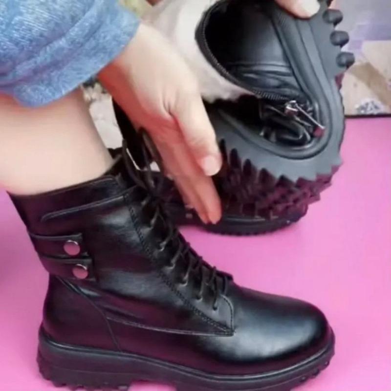 Soft Leather Plush Fashion Boots Women's Autumn and Winter New Soft-soled Soft-faced Non-slip Boots Comfortable Plush Flat-soled Cotton Shoes