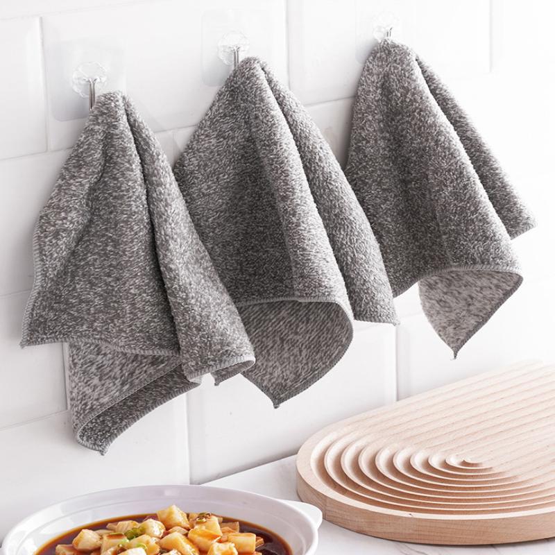 10Pcs Gray Bamboo Charcoal Thickened Super Absorbent Dishcloth Oil Resistant Kitchen Wipes Microfiber Cleaning Cloths