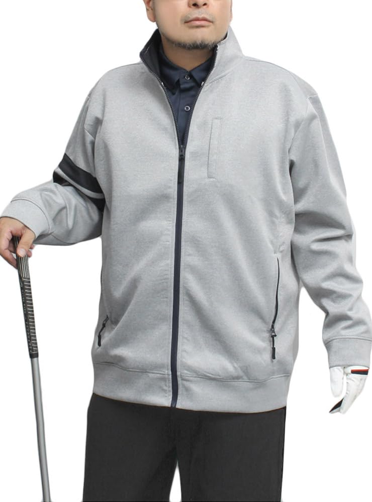 

One Colors Men s Golf Jacket, Plus Size, Sleeve Line, Stretch Ponte Fabric, Stand-Up Zip-Up Sweatshirt, Gray, Size 4L