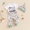 Baby Boy Summer Outfit Letter Print Short Sleeve Romper with Fish Pattern Pants and Hat