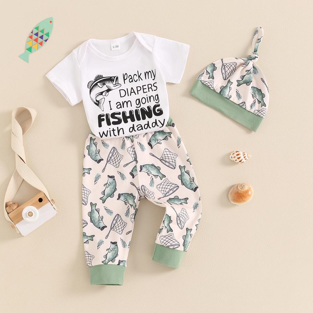 Baby Boy Summer Outfit Letter Print Short Sleeve Romper with Fish Pattern Pants and Hat