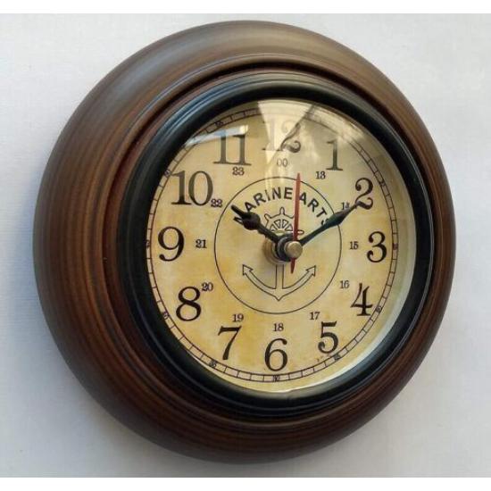 Wooden Wall Clock Handmade Brass Glass 6 Inch Vintage Look Home And Office