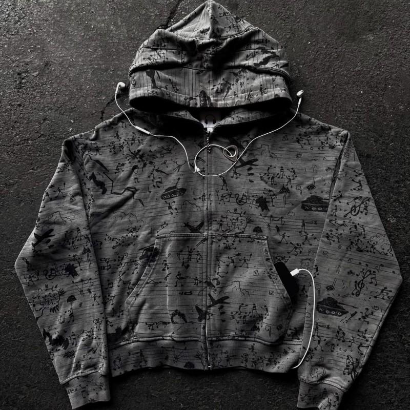 Y2K Hip Hop Hoodie With Zipper Front Print Design Long Sleeve Streetwear Teens Young Adults