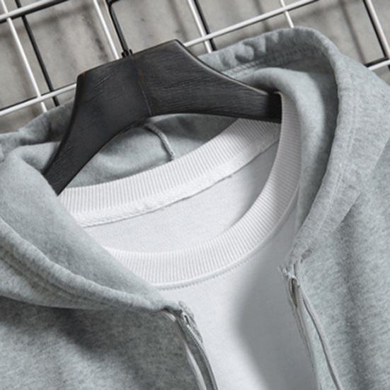 Men Hooded Jacket Zip-up Loose Sweatshirt Jacket Solid Color Casual