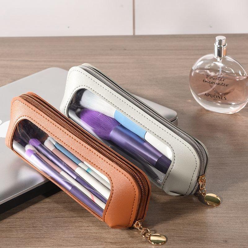 Transparent Waterproof PU Pencil Case Window Cosmetic Brush Storage Bag Travel Cosmetic Brush Box with Zipper Storage Bag