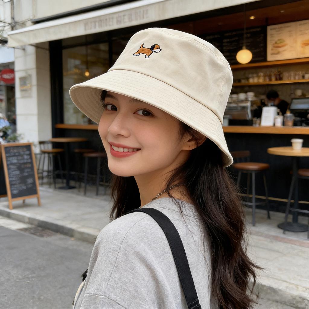 Cute Cartoon Dog Embroidery Fisherman Hat for Women Solid Color Cotton Sunshade Bucket Hat Ladies Girl Outdoor Travel Tour Caps