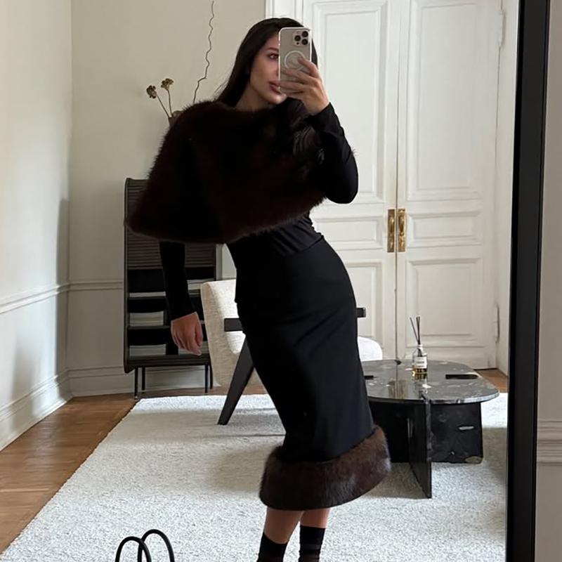 2 Piece Sets Fur Feather Skirts Outfits Women 2026 New Cover Up Shawl Top And Long Skirt Sets Elegant Streetwear Skirts Suits