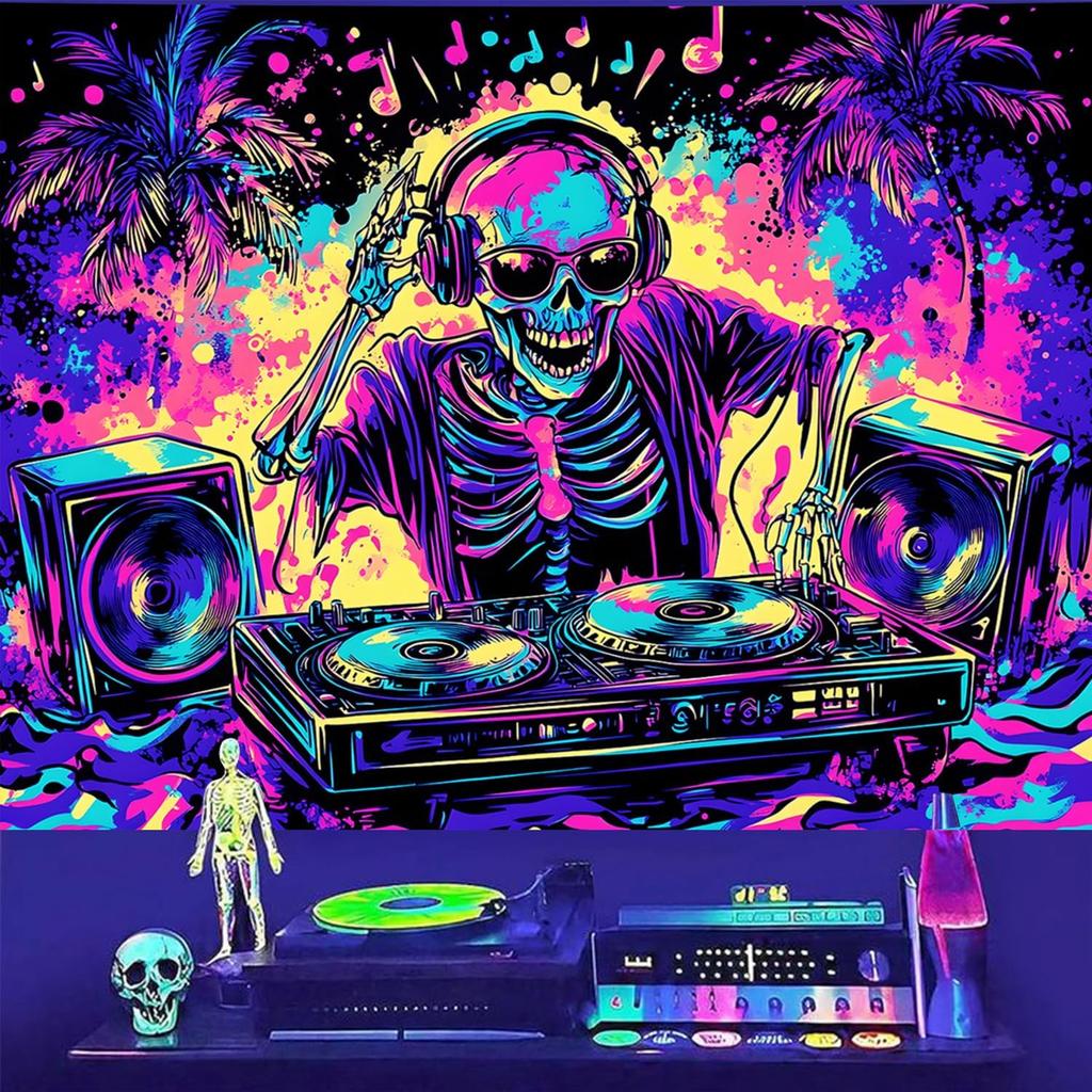 TUGCAY Blacklight Skull Tapestry UV Reactive Skeleton Tapestry Funny Music Tapestries Wall Hanging for Bedroom Dorm Party Decor (51.2 x 59.1 inches)