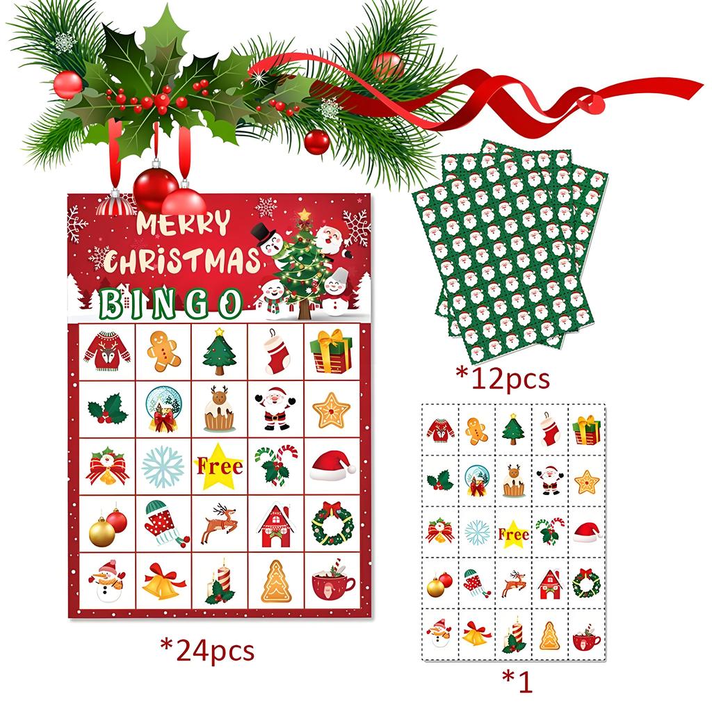 Cartes de jeu de bingo de Noël festives, ensemble de 24 pièces pour fête de vacances avec planches réutilisables - Amusant en famille pour la célébration de Noël et du Nouvel An