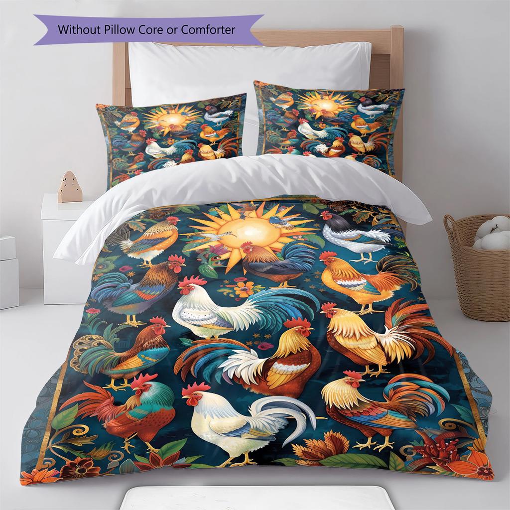 Vintage Chicken Art Pattern Bedding Quilt Set Quilt Cover Pillowcase Home Decoration Gift (1 * duvet cover + 2 * pillowcase, without core)