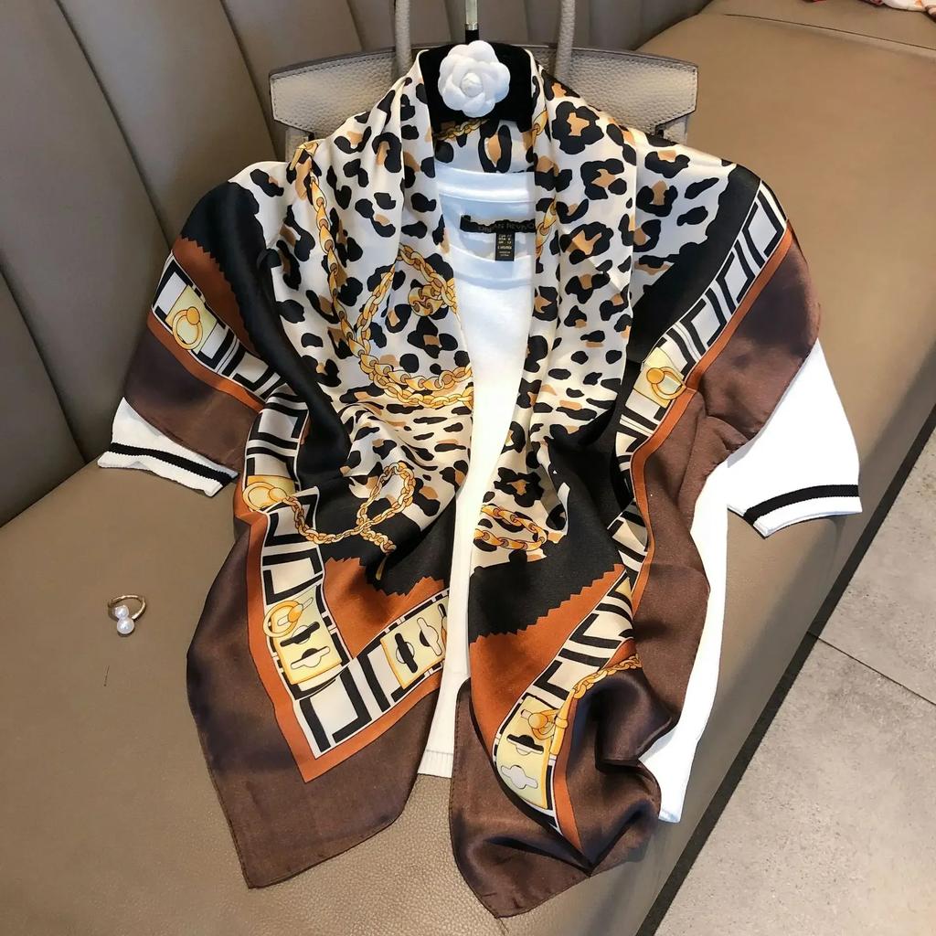 Light Luxury 90Cm  Silk-Like Scarf Imitatingly Printed With Black And White Stripes Large Square Shawl New  Gift