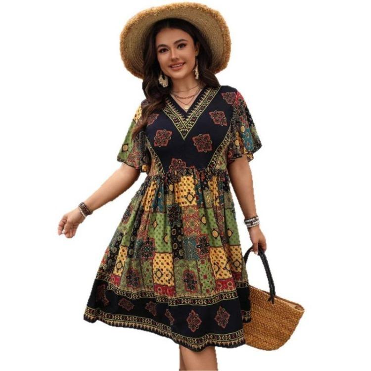 Bohemian Summer Dress for Women High Waisted Loose Print V Neck Casual