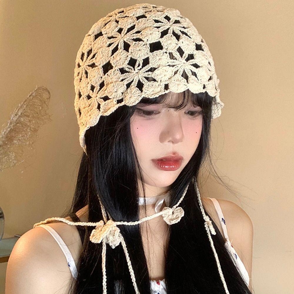 Breathable Hand-knitted Hollow Flowers Hat Crochet Soft Cute Beret Cap Fringed Elegant Skullies Cap for Women Photography