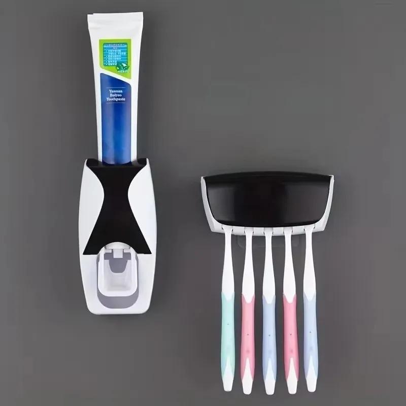 

Auto Toothpaste Dispenser Toothbrush Holder Wall Mounted Bathroom Organizer Set with Squeezer Black Bath Accessories Ofertas
