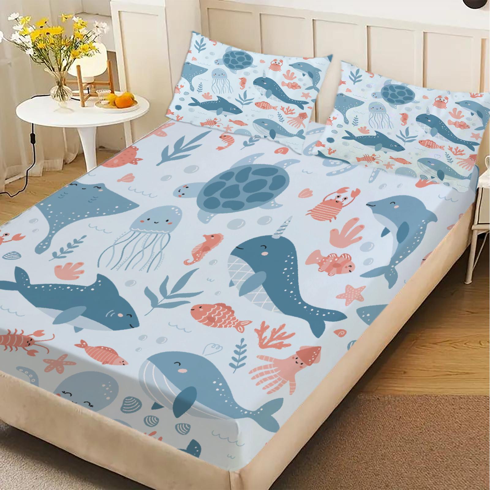 

3pcs Fitted Sheet Set Ocean Animals Sea Life Pattern Stain Resistant Bed Sheet With Pillowcases For Bedroom Decor 99x190x25cm