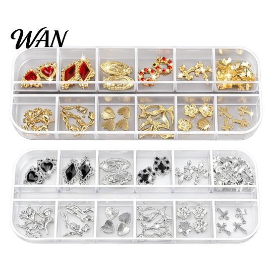 Metal Nail Charms 1 Set 3D Art 12 Grids Love Heart Charm Kit Flower Butterfly DIY Design Crafting Manicure Decoration Accessories Embellishments