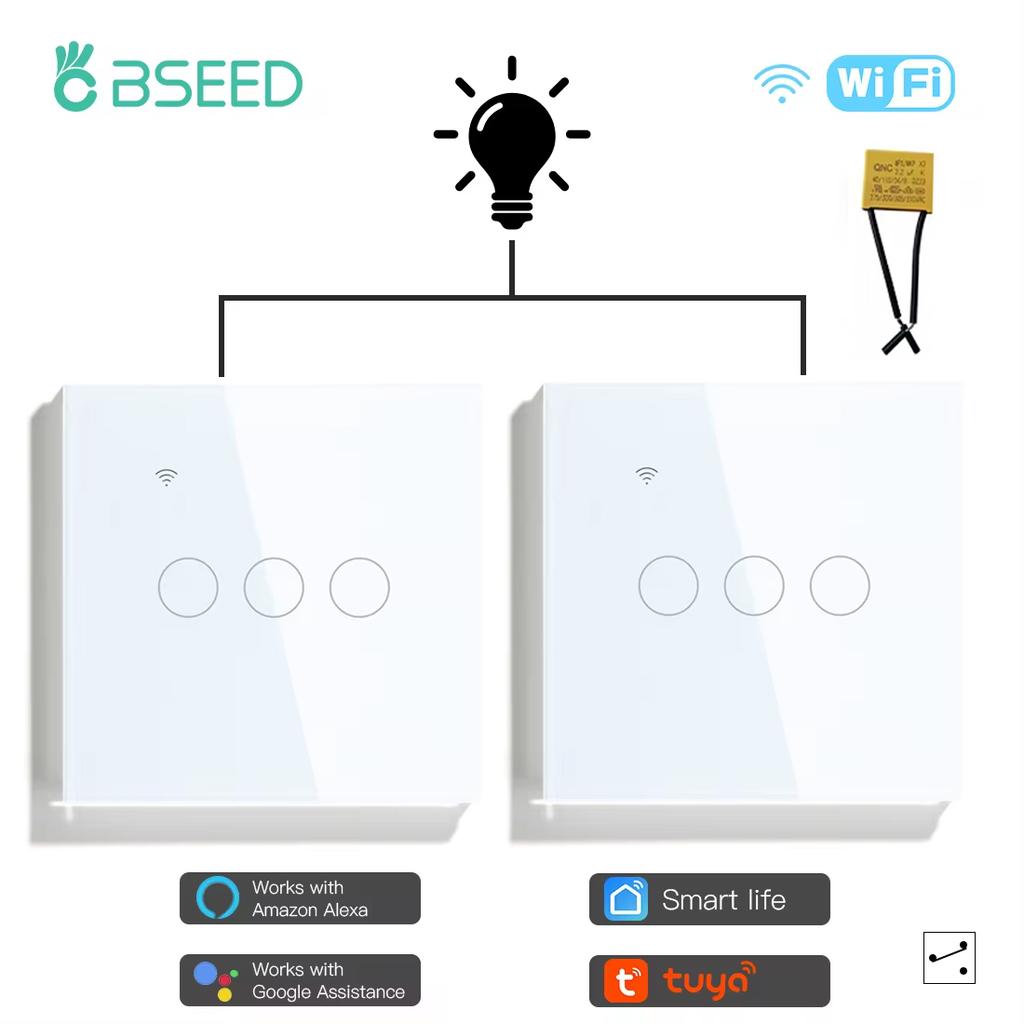 BSEED Interruptores Touch Wifi 1/2/3 Teclas Com Capacitor 2 Vias Para Escadas Corredores Lâmpadas Controle App Tuya Smart Life Alexa Pacote com 2