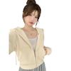 Women's White & Gray Hooded Cardigan Sweatshirt: 2025 Spring/Autumn Loose Fit Short American Style Baseball Jacket