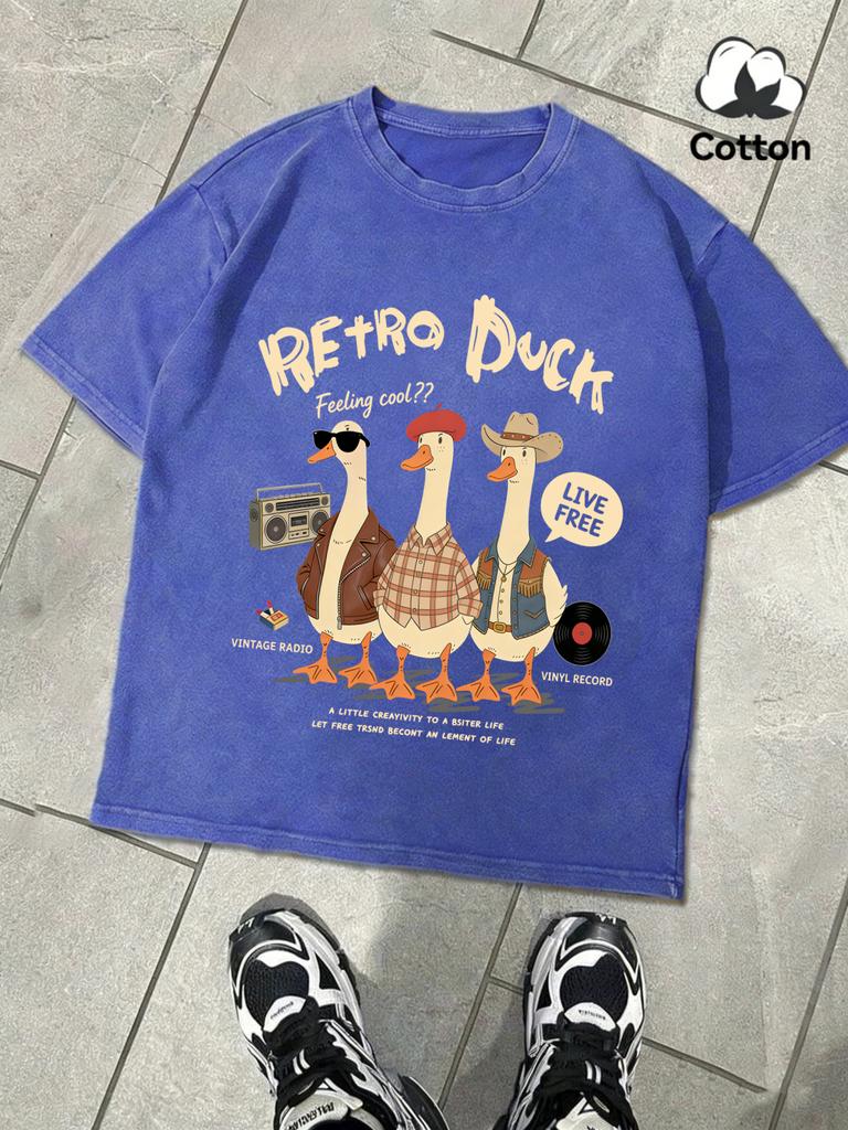 Retro Duck Feeling Cool Live Free Retro Tee Mans Summer Breathable Cotton TShirts Fashion Washed Top Unisex Casual Clothing