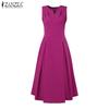 ZANZEA Womens Summer Casual V-Neck Solid Color Sleeveless Dress