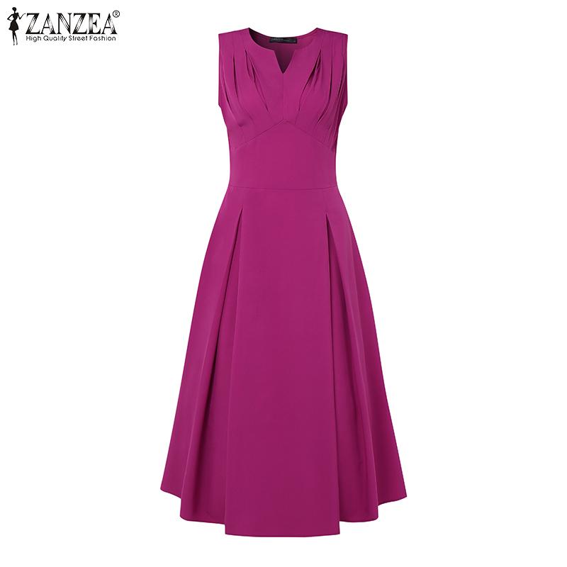 ZANZEA Womens Summer Casual V-Neck Solid Color Sleeveless Dress