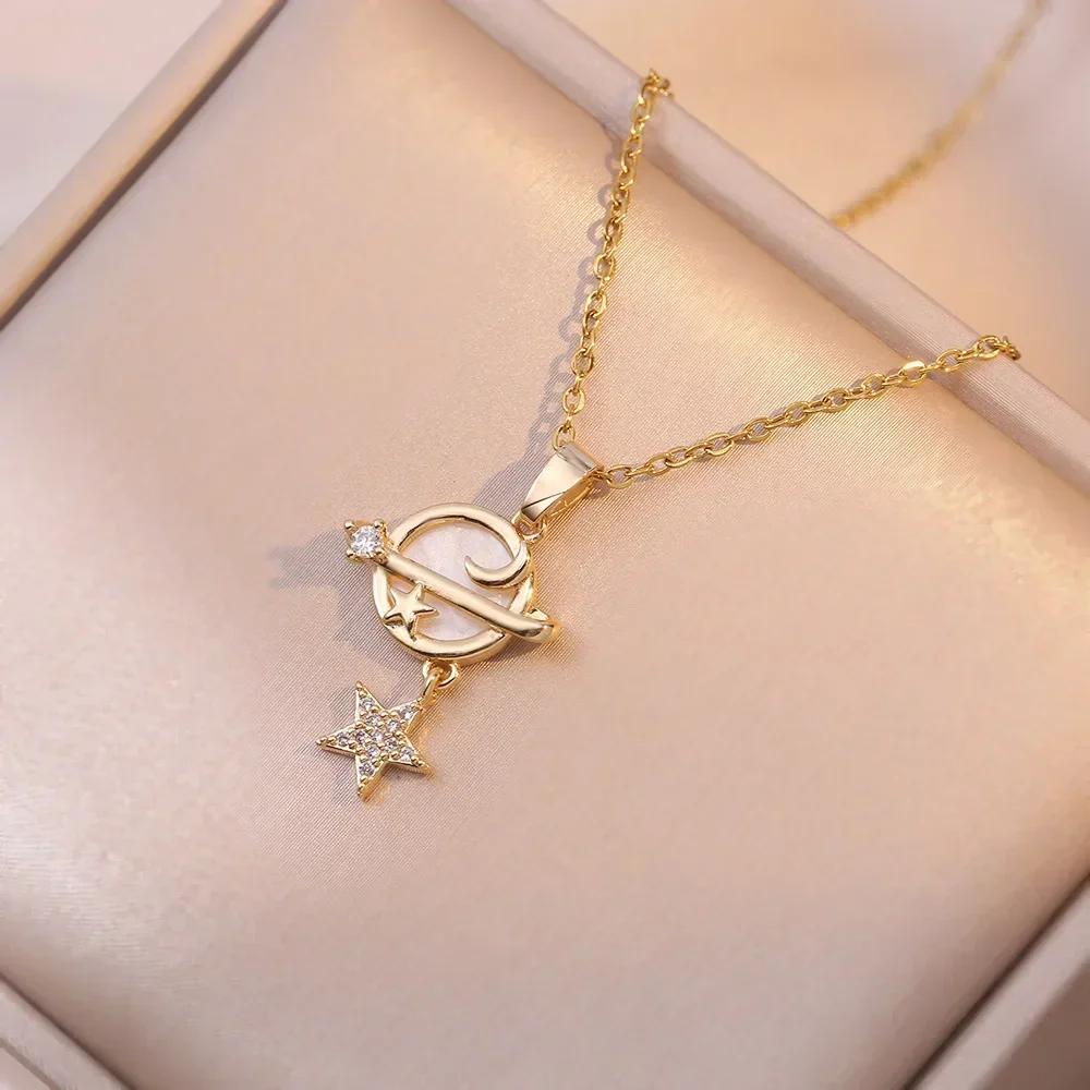 Stainless Steel Zircon Moonstone Planet Necklaces for Women Girls Gold Color Fashion Jewelry Gifts Accessories for Friends