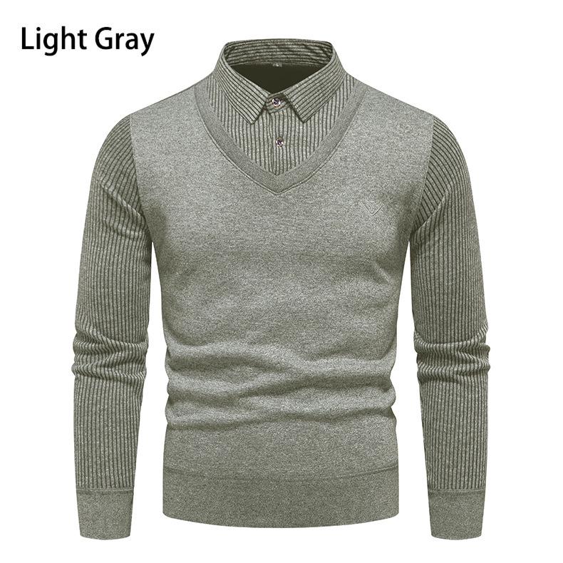 Men's Trendy Striped Two-Piece Look Pullover Sweater - Warm, Velvet-Lined Knitwear for Autumn/Winter