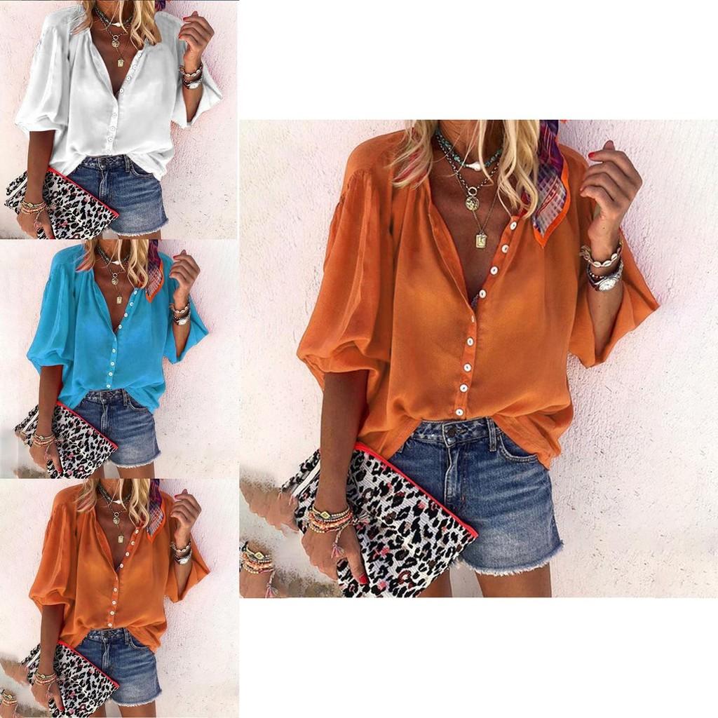Elegante Top Camicia da Donna a Manica 3/4 Comodo Vestibilità Larga Camicetta Bottoni T-shirt