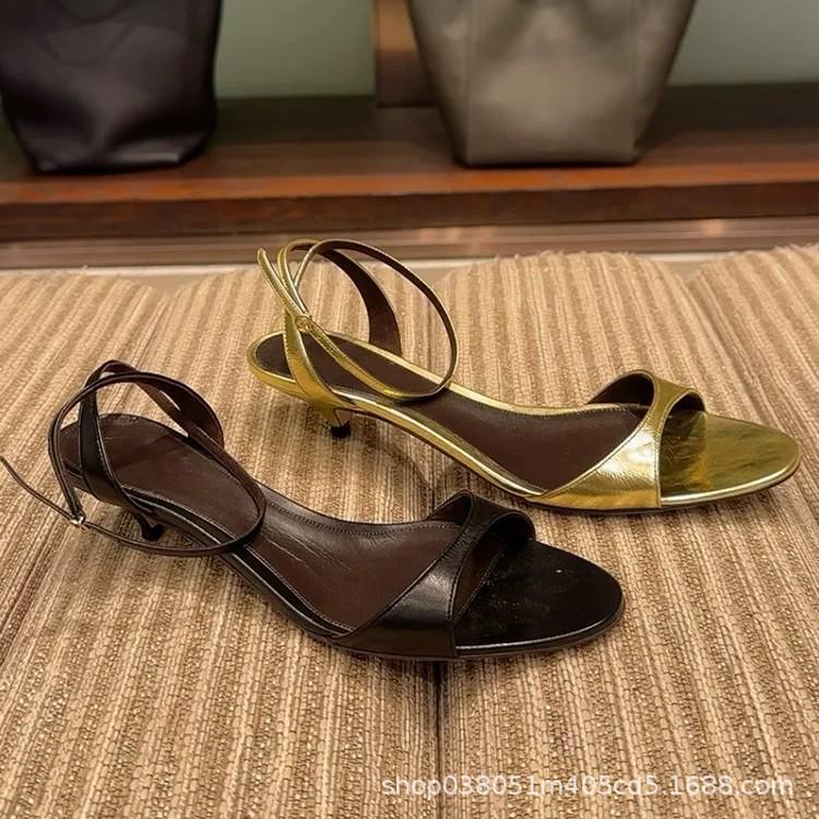 French Niche Kitten Heel Cowhide Sandals - Women's 2026 Summer Collection.