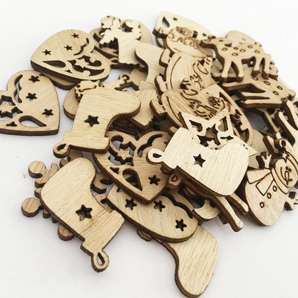 50Pcs Christmas Tree Wood Ornaments Cartoon Card DIY Party Decoration Santa Claus Snowflake Home Craft Supplies