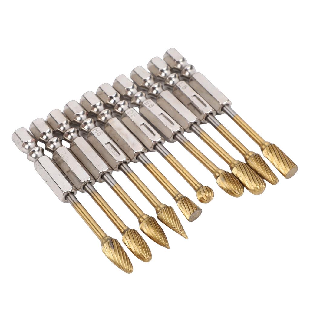 10PCS   Burr Set 1Celsius4 Inch Shank Ti Plated Tungsten Steel Double Cut Burr Bits for Metal Wood Stone Grinding Deburring Carving