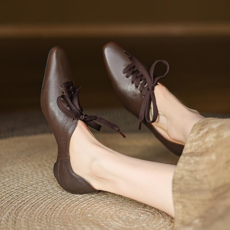 Fashion 2025 Spring Women Pumps Square Toe Chunky Heel Women Shoes Casual Lace-up Women Loafers Handmade Ladies Shoes Genuine Leather