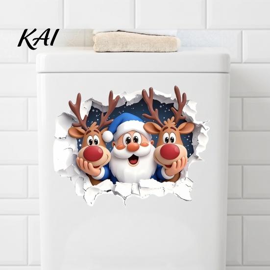 DIY Room Beautification Stickers Christmas Santa Claus And Elk Toilet Stickers, 3D Wall Breaking Decals, Decorative Window Films for Waterproof