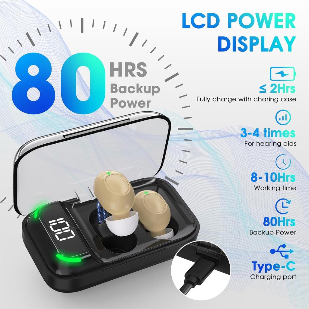 Hallókészülékek időseknek, újratölthető hallókészülék zajszűrővel, 16 csatornás OTC hallóerősítő hordozható kijelzős töltőtokkal
