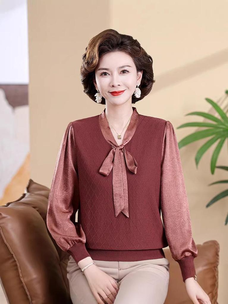 Chic Spring V-Neck Bow Pullover for Mature Women, Lightweight Knit Top for Spring & Autumn