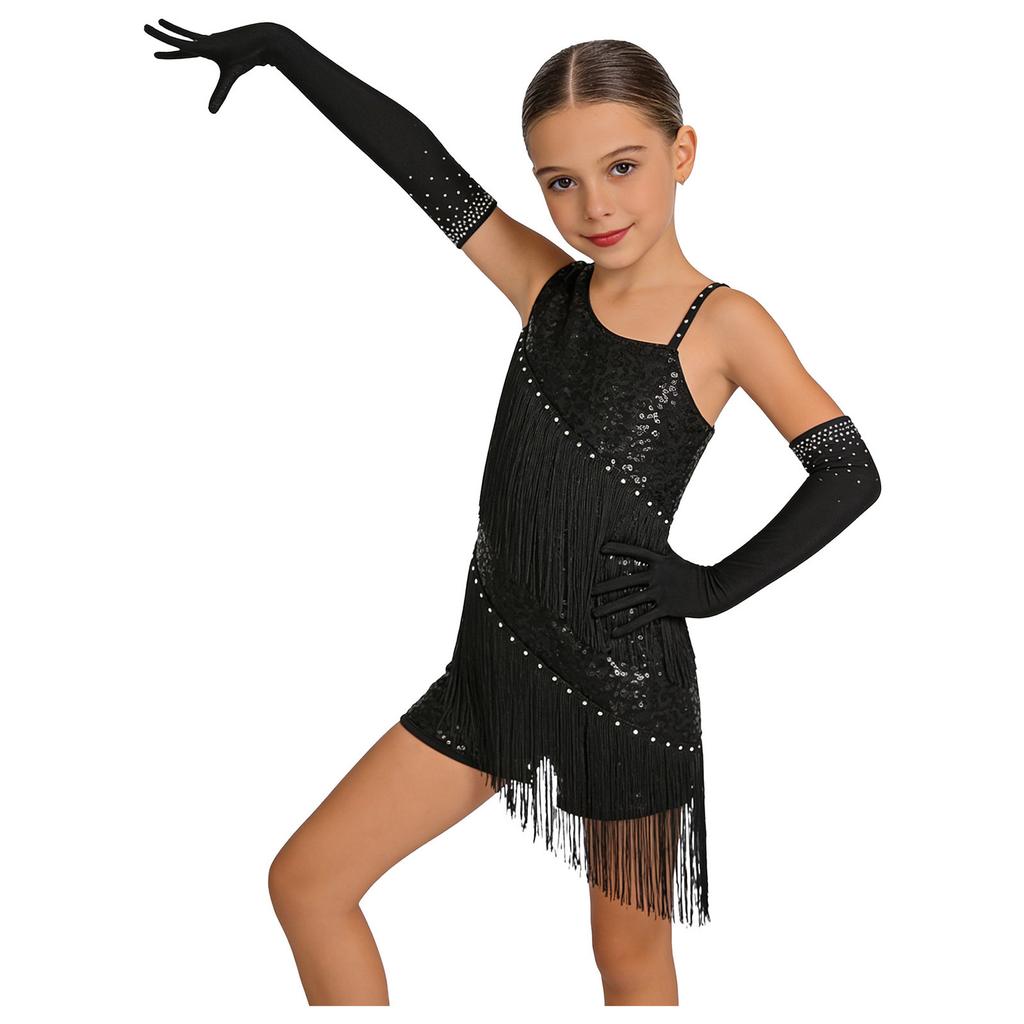 Children‘s Sparkly Rhinestone Latin Outfit Sleeveless Asymmetric Neck Sequin Tassel Bodysuit and Mesh Gloves for Stage Performance
