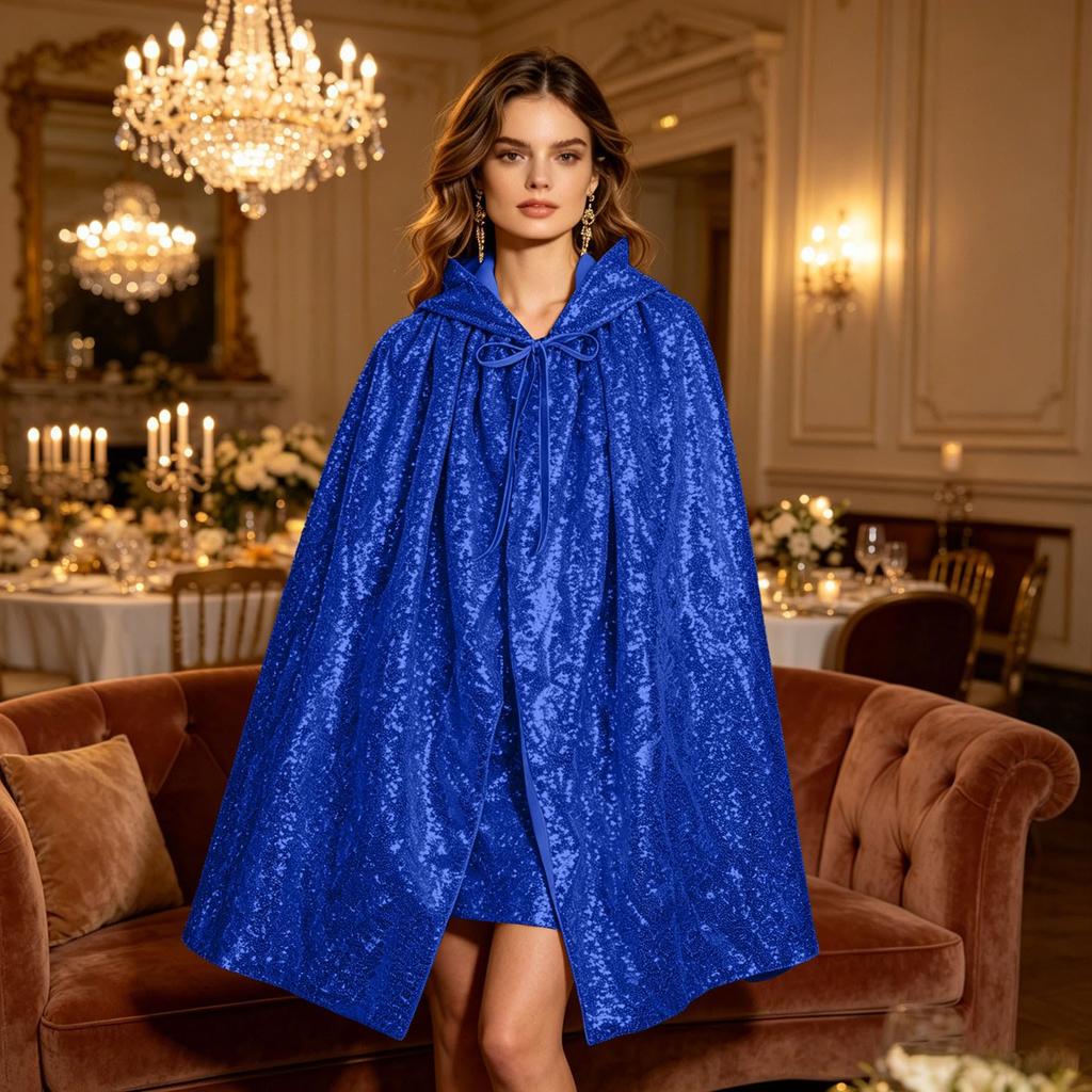 Women's Color Sequined Hooded Cape, Performance Stage Costume for Holiday Fancy Dress, 100cm