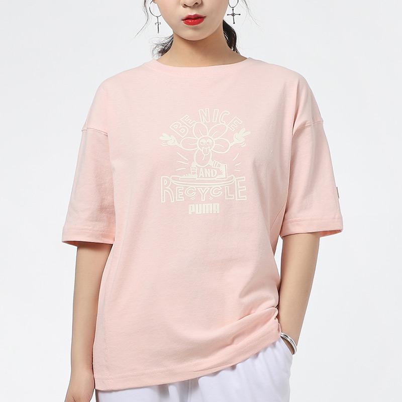 Puma Downtown Graphic Print Sports Round Neck Short Sleeve T-Shirt Women Tops Pink 531438-27
