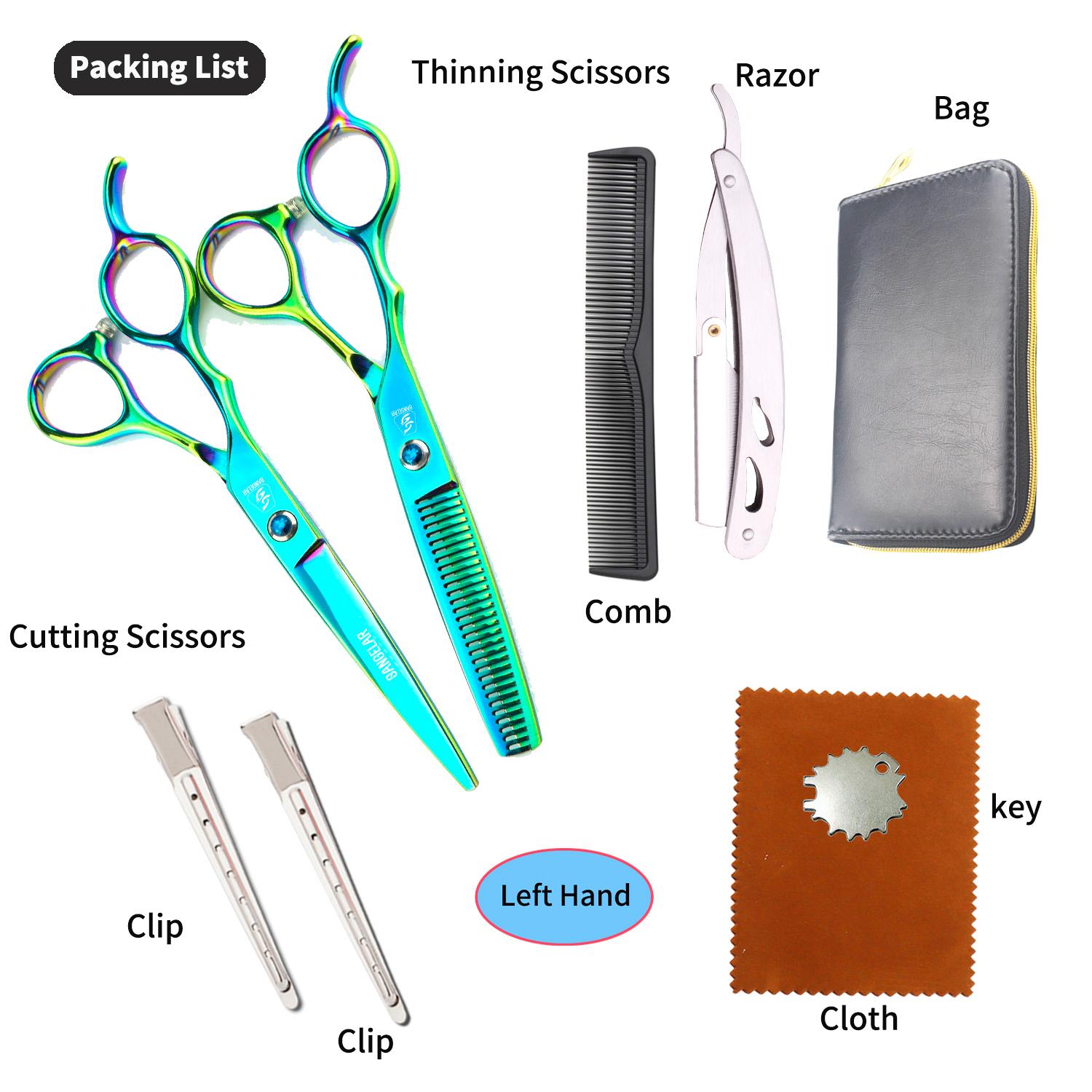 

Sangelar 6 дюймов профессиональные ножницы для левой руки, набор японских стальных ножниц для стрижки волос, обычные и филировочные ножницы для парикмахеров и салонов красоты 6in Set зелёный