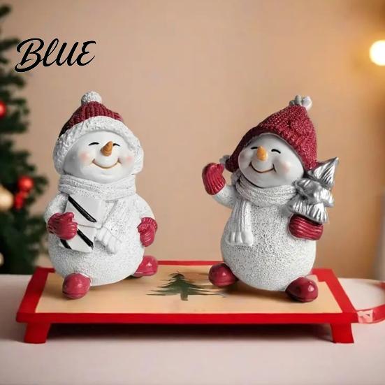 Cute Snowman Statue Gifts 2Pcs Christmas Figurine, Tabletop Decor, Resin Snow with Holiday Window Decorations Knit Hat Scarf for Home Mantel
